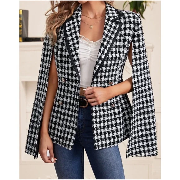 Classic Plaid Button up Cape Blazer - Picture 4 of 5